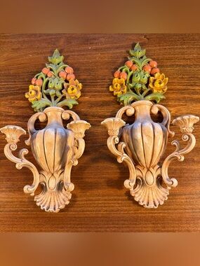 Homco Tan and Green Floral Wall Sconces Pair